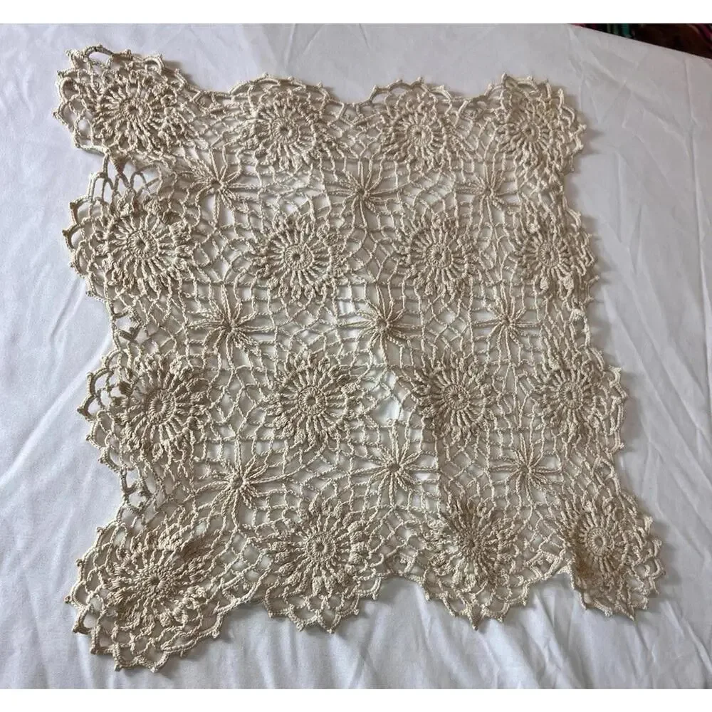 Vintage Handmade Crochet Doily Champagne Beige Floral Lace Square 14.5x12